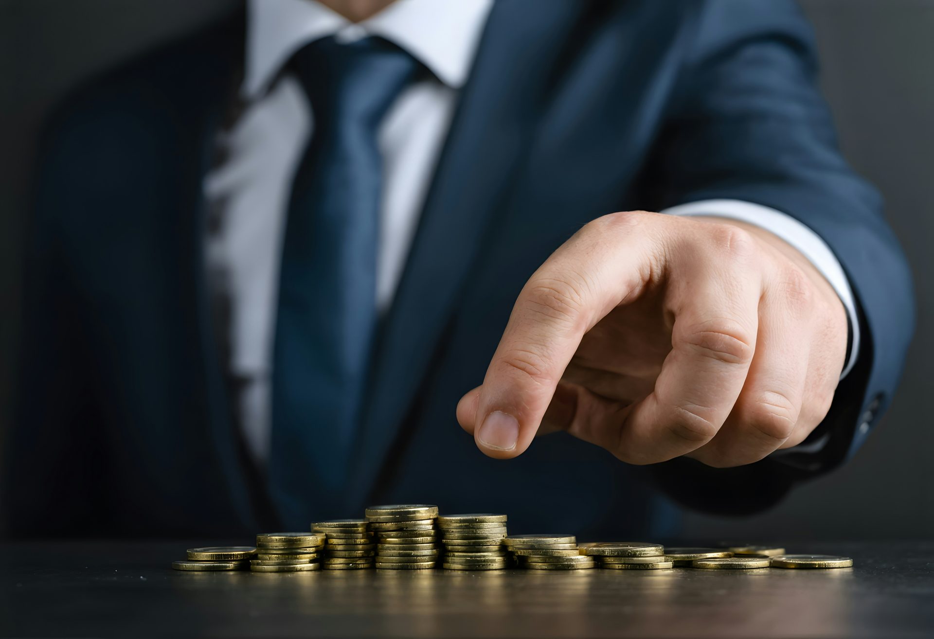 Un homme en costume montrant une pile de pièces d'or
